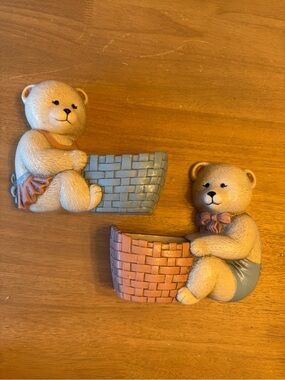 Vintage 1989 Burwood Blue Teddy Bears with Baskets Planters Nursery Wall Decor
